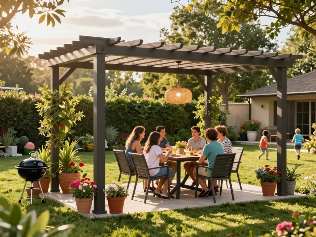 A family enjoying their backyard under a stylish pergola 3D planner design, enhancing outdoor dining experience.