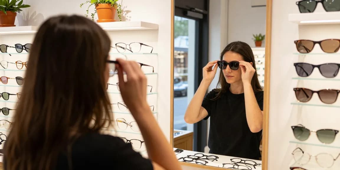 Cliente experimentando lentes de grau em loja de óculos com variedade de marcas.
