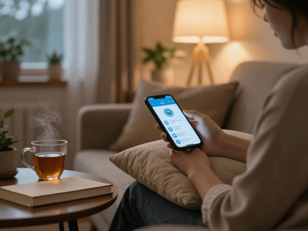 Sexting AI app engagement in a cozy home setting with warm lighting.