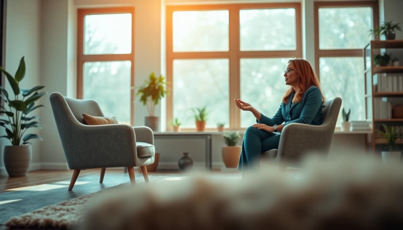Therapist assisting clients to manage stress and anxiety in a soothing office environment.