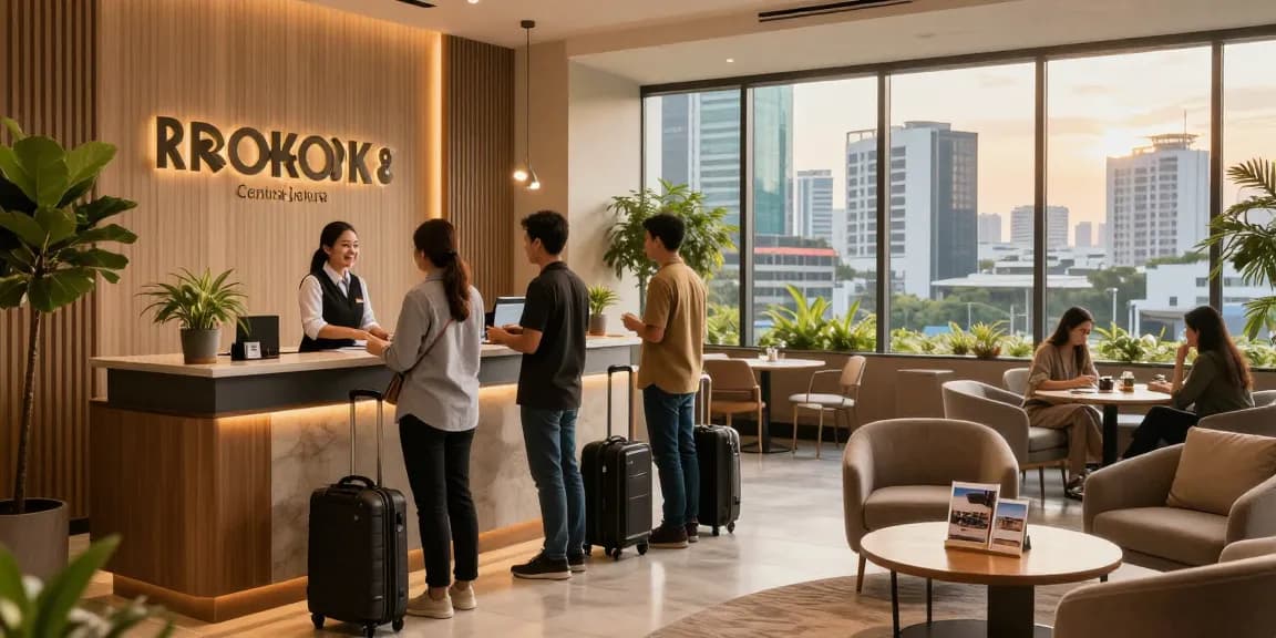 Comfortable lobby at ROKOK88 hotel in Jakarta, welcoming guests with a friendly atmosphere.