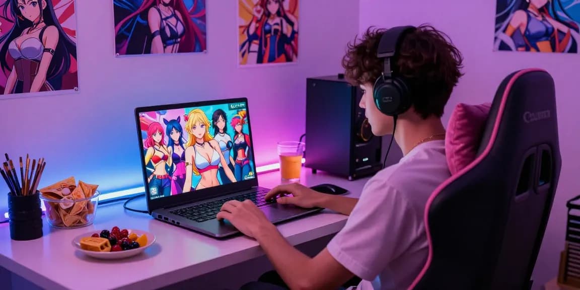 Engaging in ai hentai chat with animated characters in a cozy gaming setup.