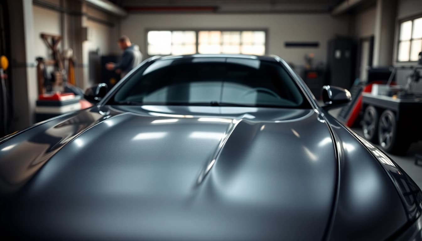 Applying paint protection film near me on a modern vehicle in a professional setting.