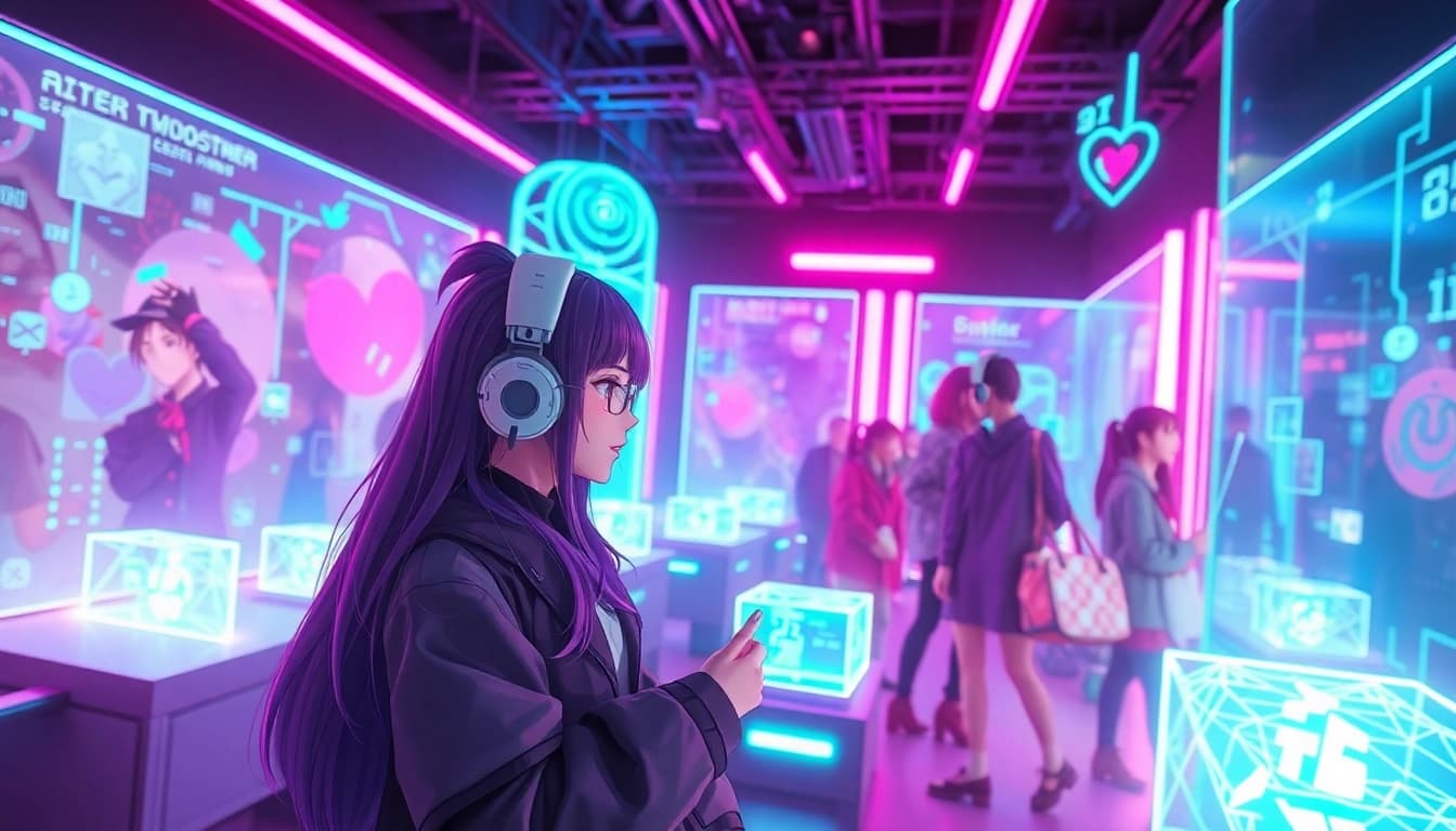 Engaging scene of users interacting in a futuristic hentai AI chat environment with anime characters.