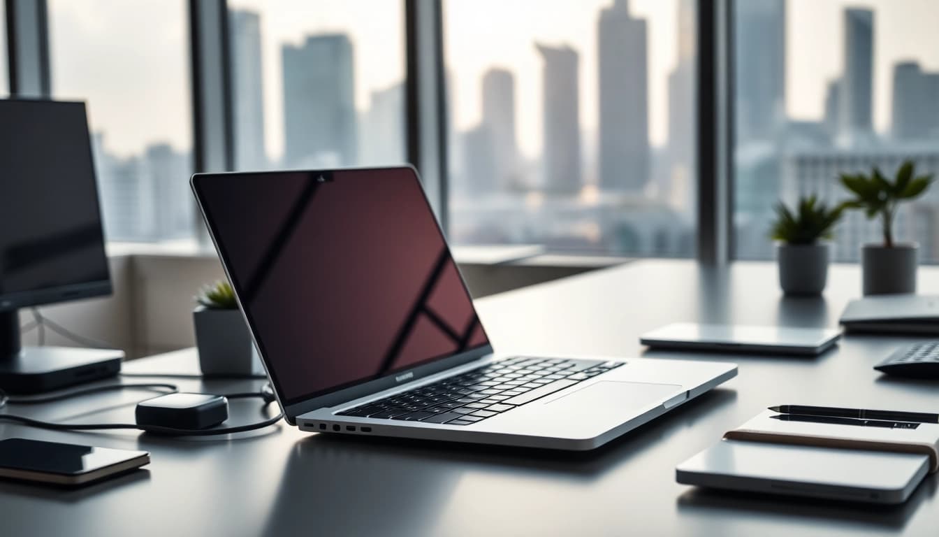 Utilizando el MacBook Pro 16 pulgadas en un entorno moderno y elegante con toques tecnológicos.