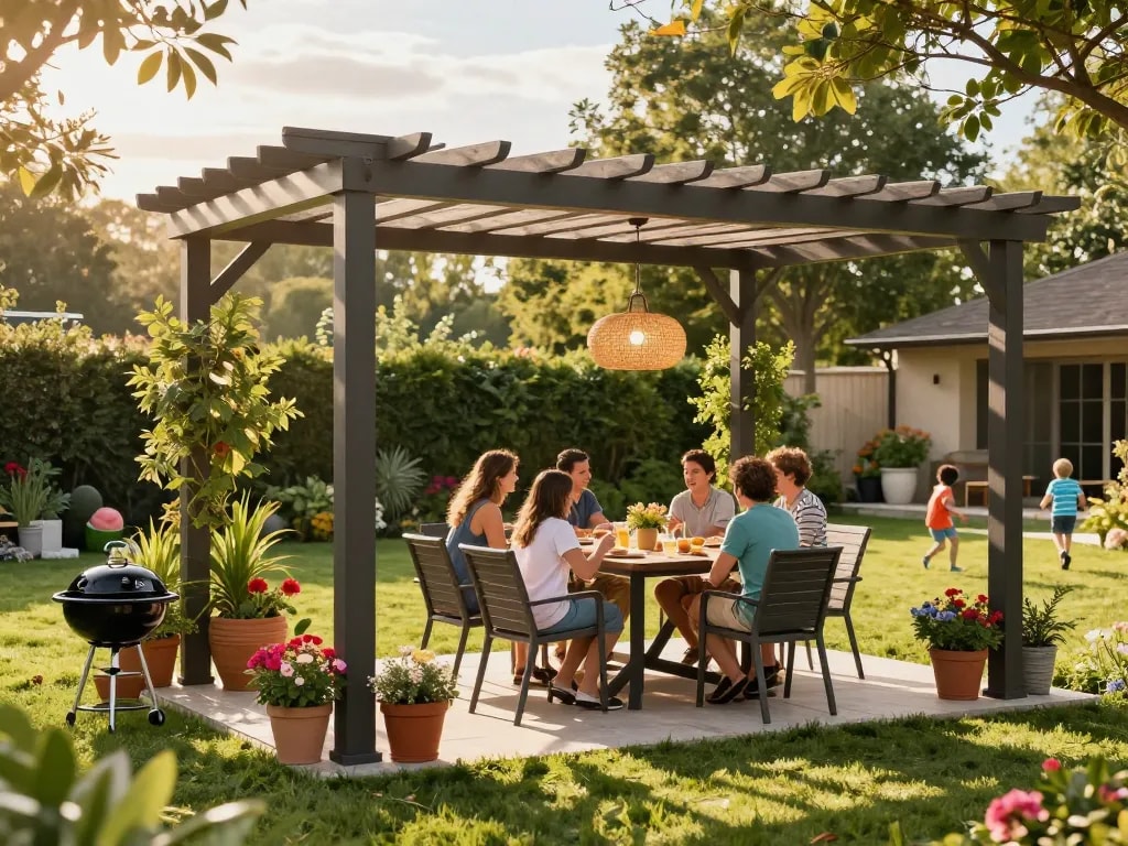 A family enjoying their backyard under a stylish pergola 3D planner design, enhancing outdoor dining experience.