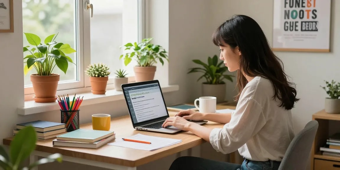 Woman exploring https://rokok88x.com in a cozy home office with vibrant plants and bright atmosphere.