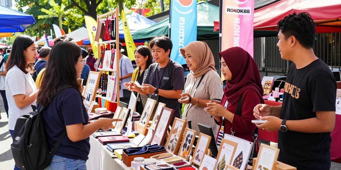 Local products and shoppers at ROKOK88 outdoor market promoting UMKM.