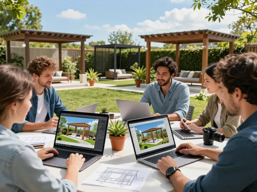 Team che collabora su progetti di software per pergole per aziende all'aperto, mostrando architettura del paesaggio innovativa.