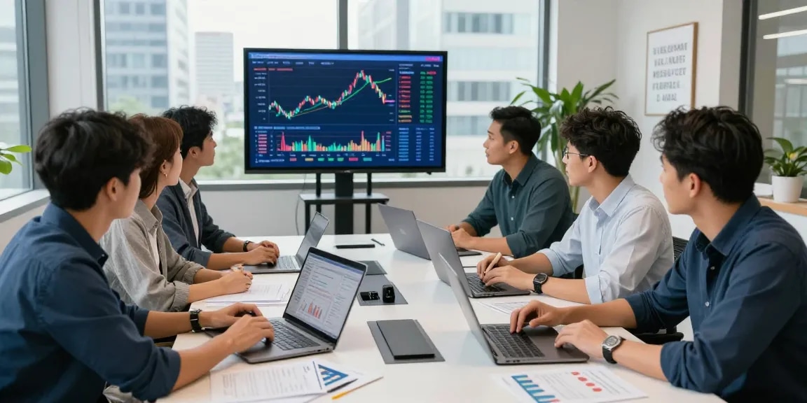 Discussing indexfonds strategies in a modern investment workspace with team collaboration and market data.