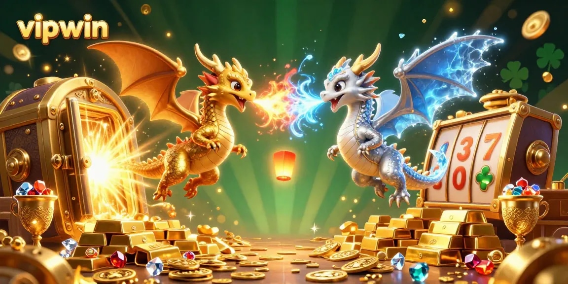 Experience the excitement of vipwin with an enchanting scene of golden dragons and casino treasures.