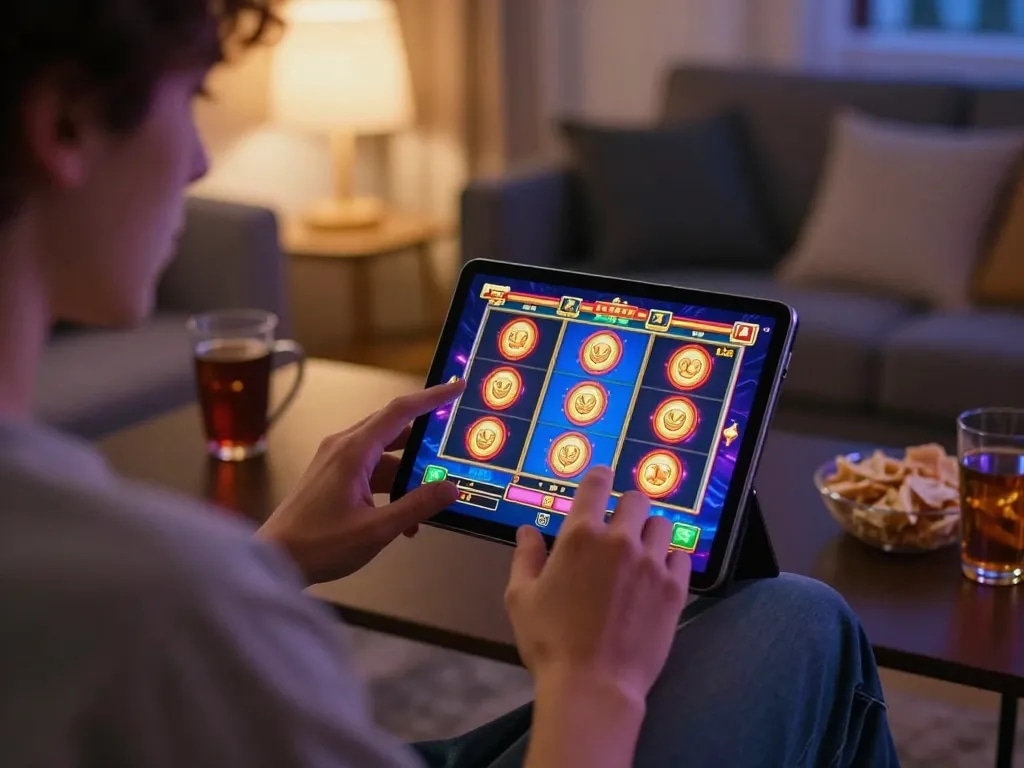 Engaged player enjoying 888b slot games on tablet in a cozy home setting.