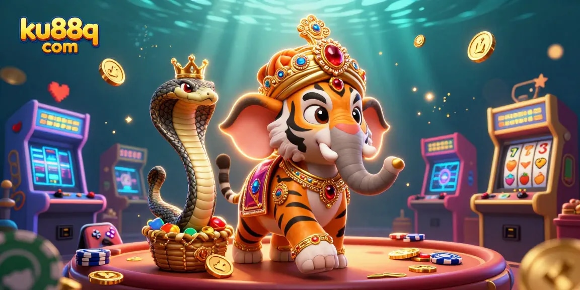 Engage with ku88q com through thrilling slot reels and colorful gaming elements amid an exotic scene.