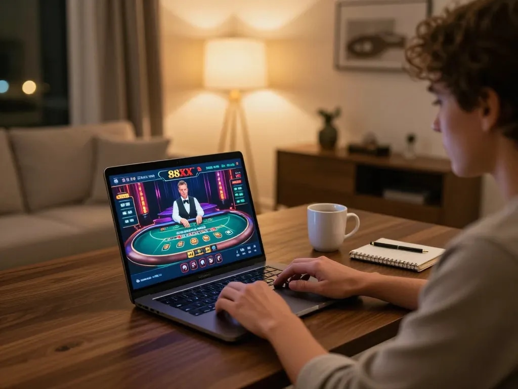 Player engaging in live dealer games with 88xx on laptop, showcasing immersive online gambling experience
