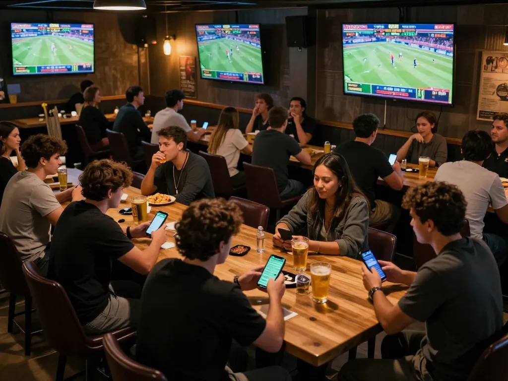 Engaging sports betting action at a lively venue with fans excitedly placing 789winf wagers on live events.