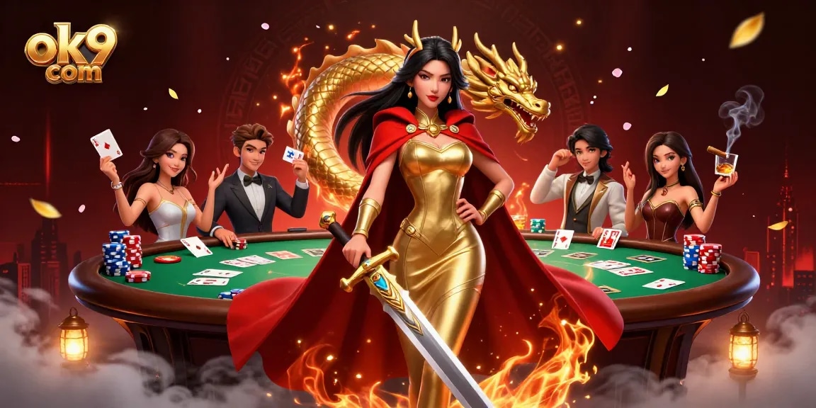 Experience thrilling action at ok9 com with a warrior queen and golden dragon in a dynamic poker scene.