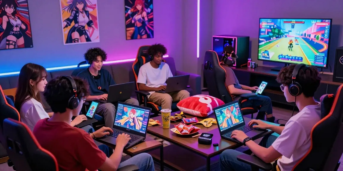 Friends enjoying hentai games in a vibrant gaming lounge with colorful decorations and devices.