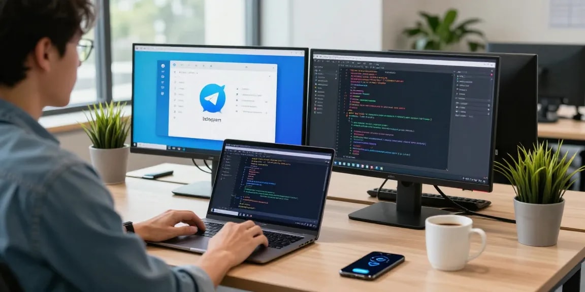 Telegram Download showcased in a modern tech workspace with dual monitors and a smartphone.