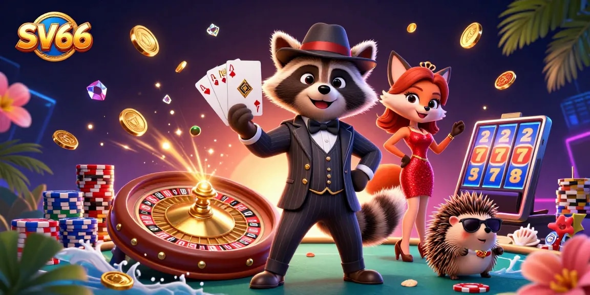 Experience thrilling wins at SV66, where a lively 3D casino scene features vibrant characters and gaming excitement.
