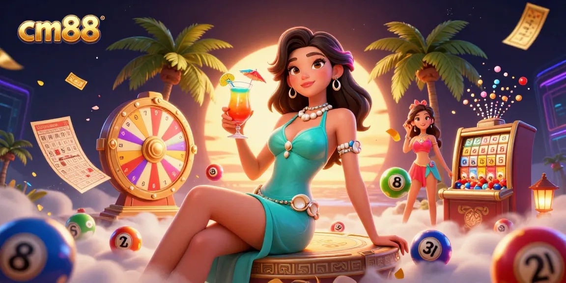 Experience exciting gaming at cm88 with vibrant lottery and casino elements in a tropical resort