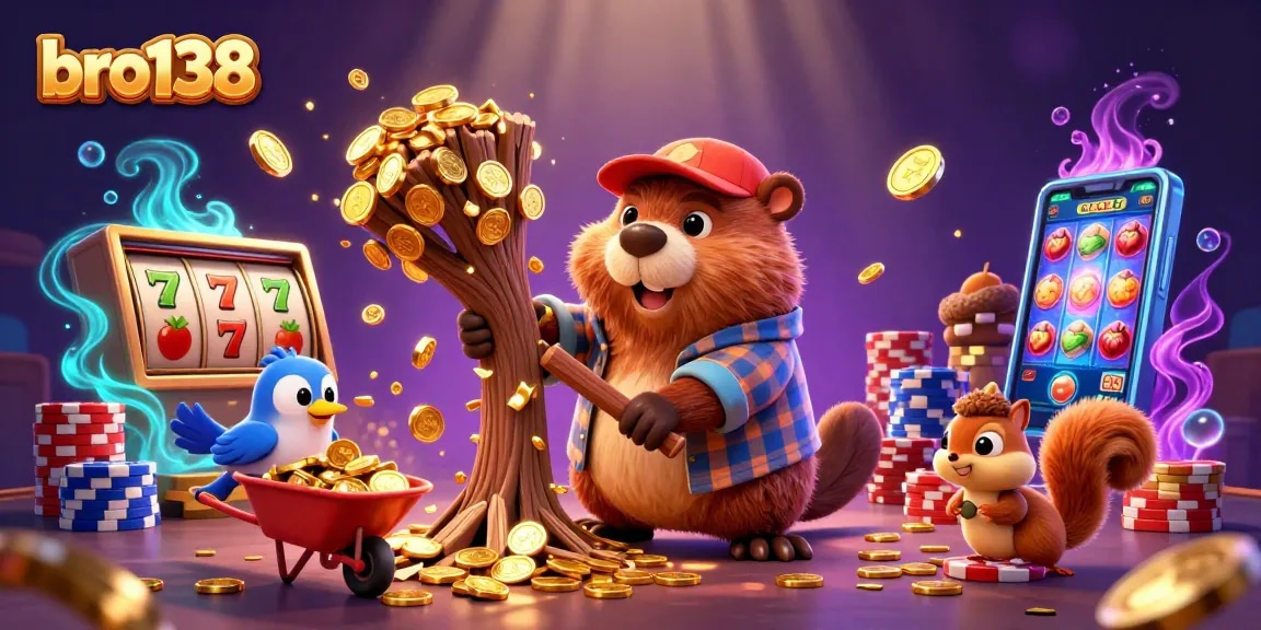 Win exciting prizes with bro138 in a vibrant casino scene featuring a beaver and friends collecting golden coins.