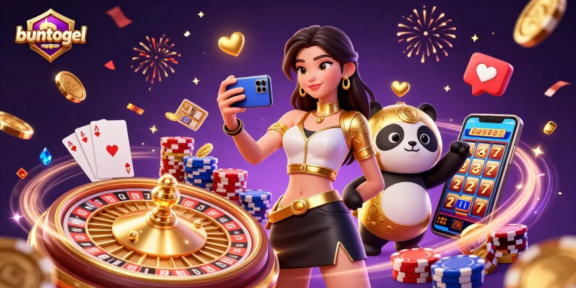 Buntogel showcases a vibrant scene with a stylish woman using a casino game app amidst falling coins and gems.