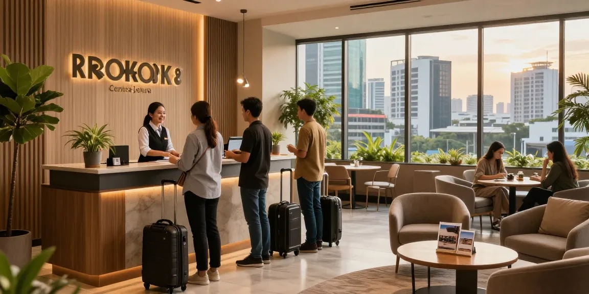 Comfortable lobby at ROKOK88 hotel in Jakarta, welcoming guests with a friendly atmosphere.