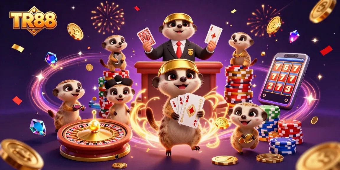 Watch TR88 meerkats manage a lively casino operation surrounded by golden coins and vibrant casino elements.
