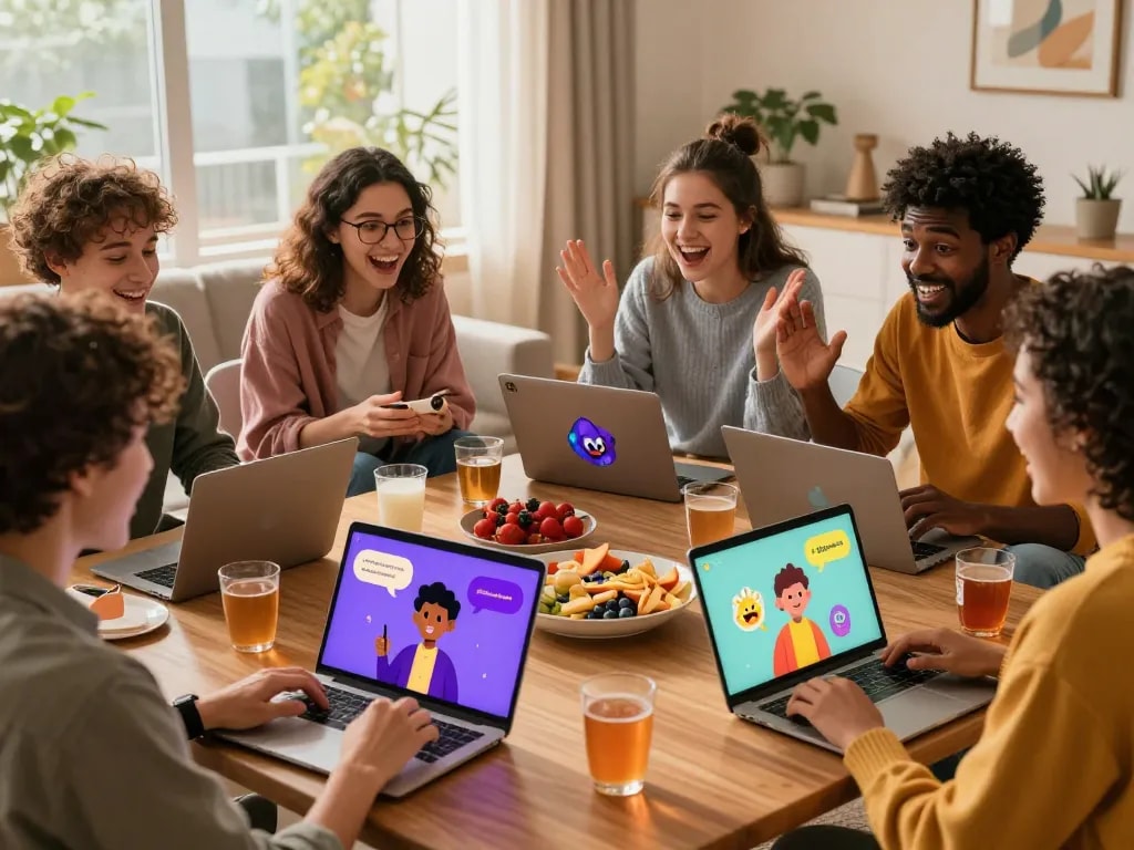 Friends enjoying an engaging chat with crush on AI characters in a cozy living room.