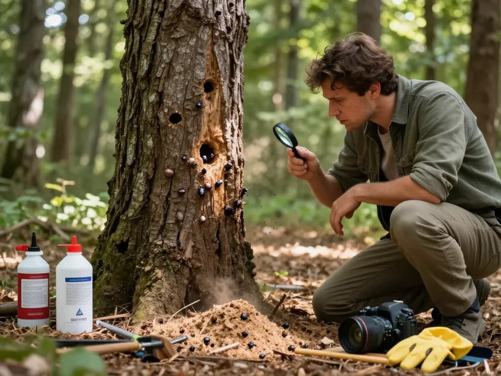 Eliminazione del coleottero del legno affrontata da un proprietario di casa che esamina i danni a un albero causati dai coleotteri del legno e si prepara ai metodi di controllo dei parassiti.