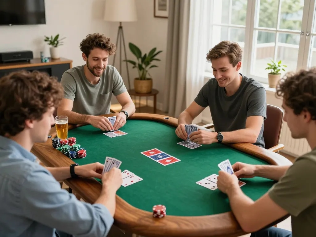 Friends engaging in a strategic poker game at home, with cm88game cards and chips in view.