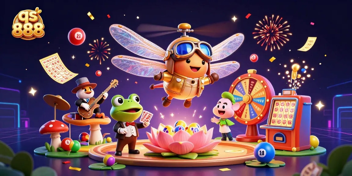 Experience thrilling gaming action with qs 888 as a cartoon dragonfly pilot hovers over a lively lily pad casino.