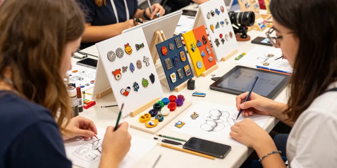 Hands-on designing custom pins with vibrant colors and materials displayed in artisan market.