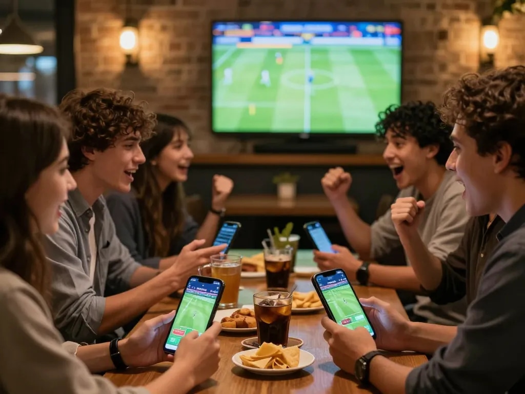 Socolive trực tiếp bóng đá app displayed on smartphones, capturing the excitement in a lively sports café atmosphere.