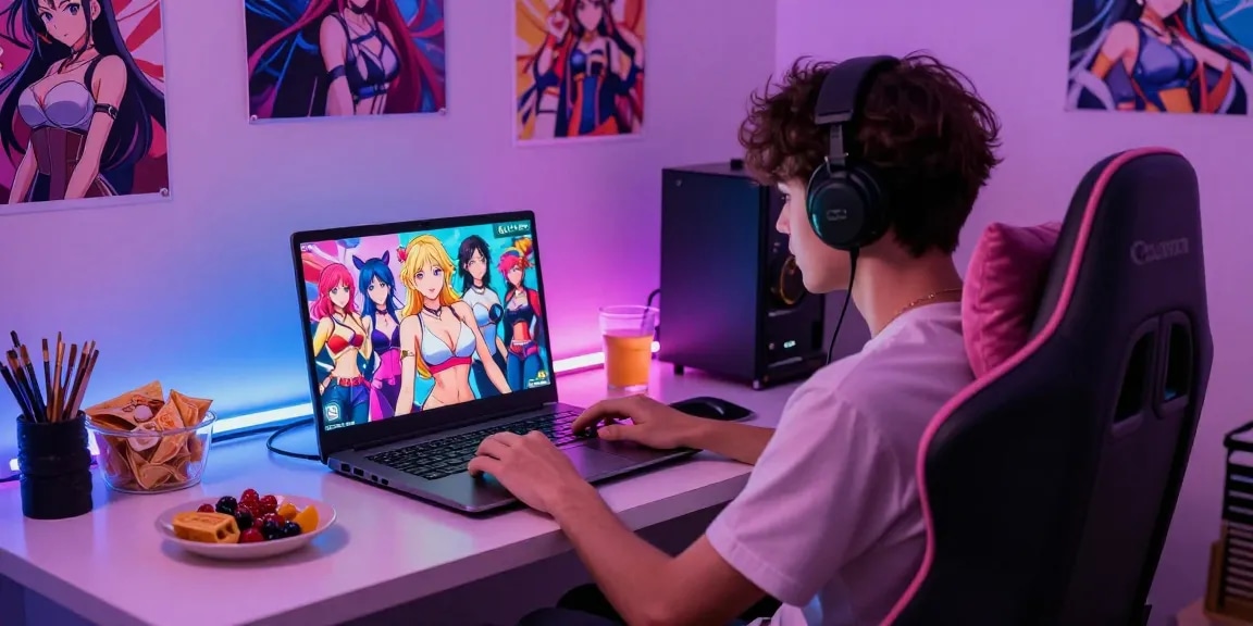 Engaging in ai hentai chat with animated characters in a cozy gaming setup.