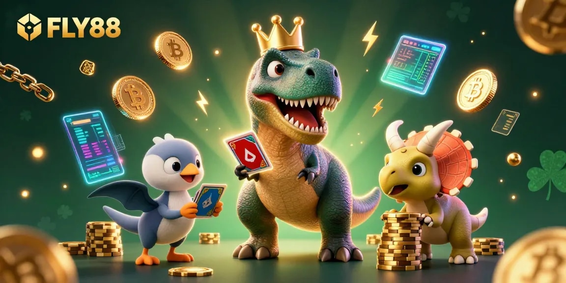 Fostering excitement with FLY88, a T-Rex shuffles cards while a pterodactyl assists and a triceratops stacks chips.