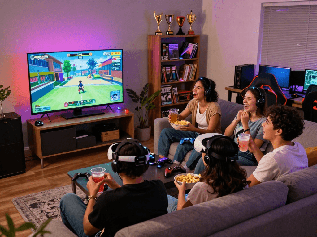 Friends enjoying rokok88 gaming together in a vibrant lounge with snacks and VR gear.