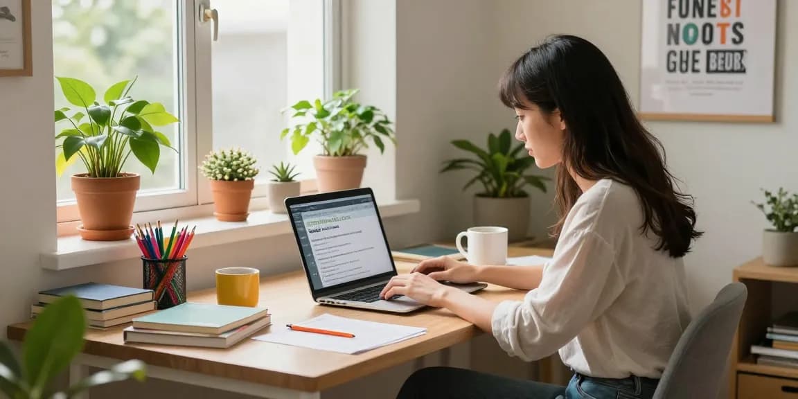 Woman exploring https://rokok88x.com in a cozy home office with vibrant plants and bright atmosphere.