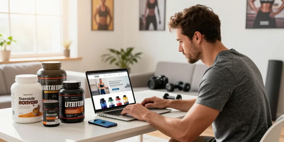 Steroide Boutique online shopping scene with fitness products and a man browsing