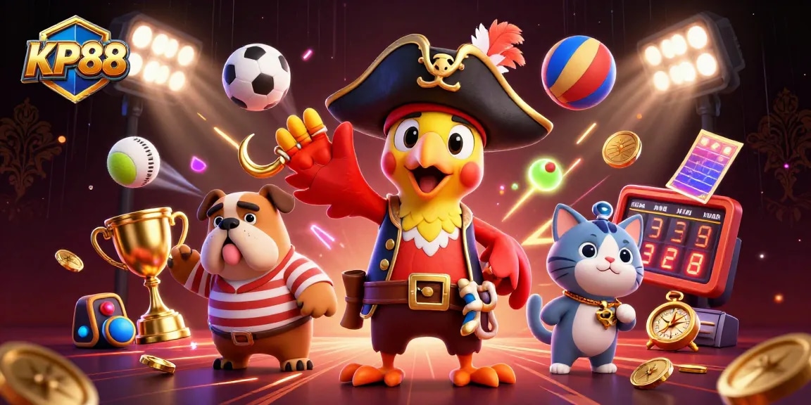 Experience thrilling gameplay at KP88 with pirate characters amidst sports and casino elements.
