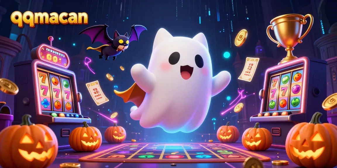 Play slot games at qqmacan with a charismatic ghost cat in a haunted casino scene.