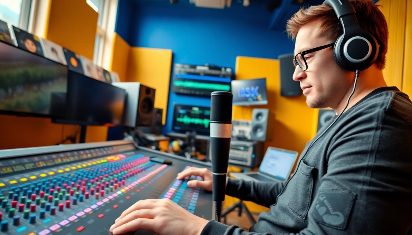 Engineer mastering tracks with online audio mastering system in a modern studio.