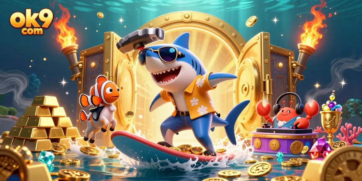 Experience thrilling wins and vibrant fun at ok9 com with 3D cartoon characters in a casino-themed illustration.