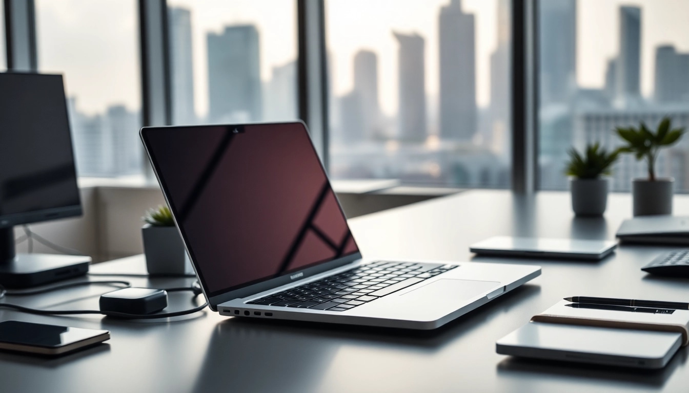 Utilizando el MacBook Pro 16 pulgadas en un entorno moderno y elegante con toques tecnológicos.