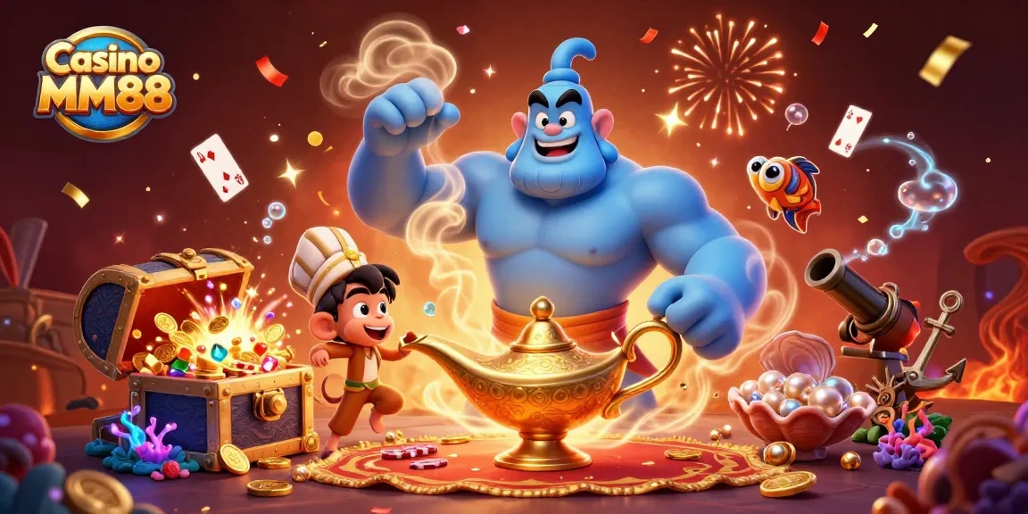 Engage in Casino MM88 excitement with a vibrant 3D Genie and treasures around!