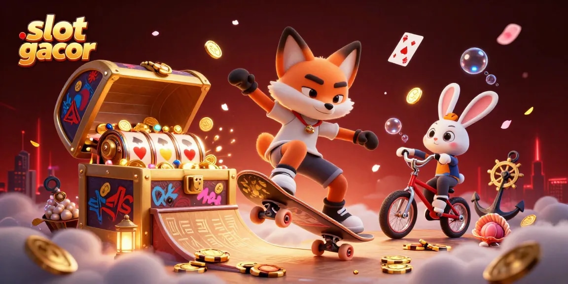 Experience slot gacor excitement with cartoon characters surrounded by gold coins and colorful slot elements.