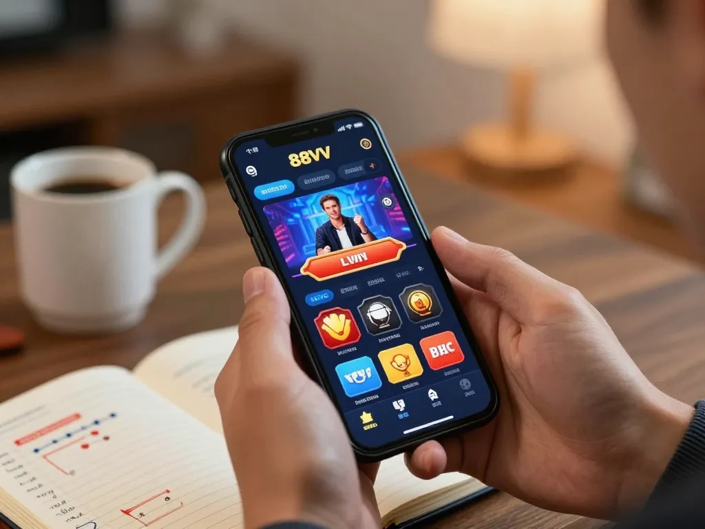 Engaging gaming on the 88VV app featuring live dealer action, relaxed home setting for online betting