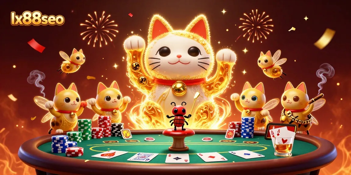 Engage with lx88seo's vibrant lucky cat illustration signifying fortune and celebration in gambling.