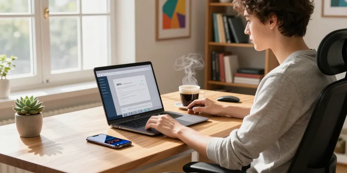 Effortless WPS Download process in modern home office setup with laptop and vibrant decor.