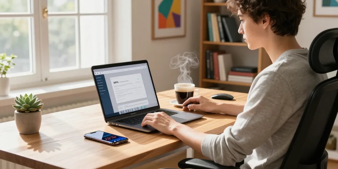 Effortless WPS Download process in modern home office setup with laptop and vibrant decor.